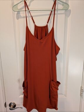 Boho Rust Mini Dress Romper Built-In Shorts Flowy Pockets